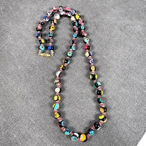 Vintage Venetian Murano Style Millefiori Glass Bead Necklace 24" Red Knots